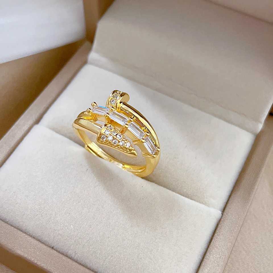 ZAKOL Korean Fashion Threelayer Shiny Zircon Nail Open Ring for Women Engagement Wedding Party Jewelry Gift Z251017
