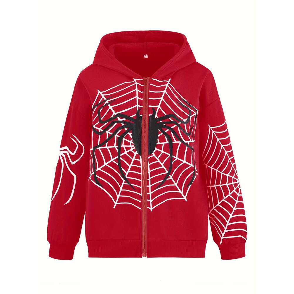Y2k Long Sleeve Spider Web Print Zip-Up Hoodie, Women's Clothing Spider web print loose zip Y2K casual women's hooded cardigan