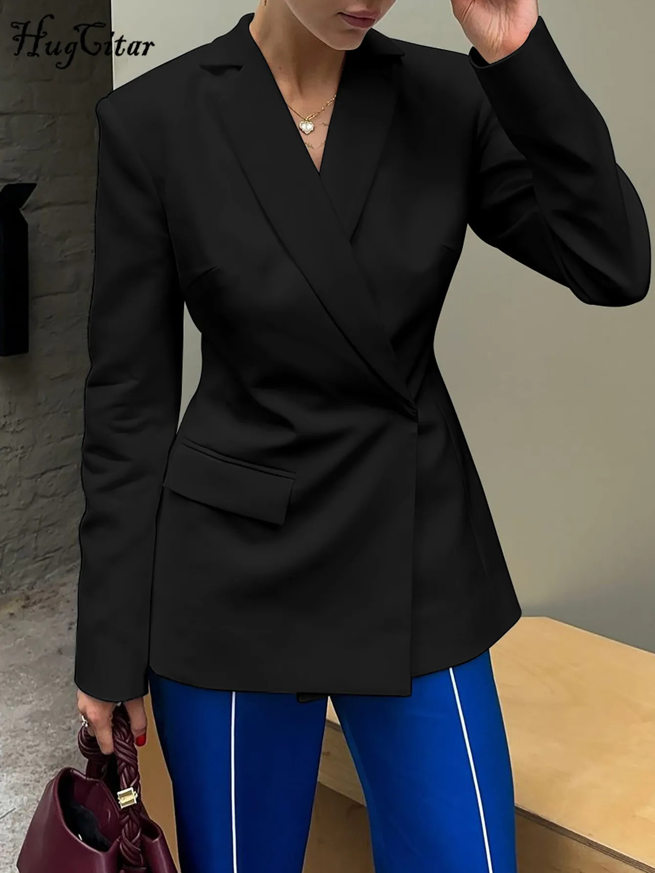 Hugcitar Solid Notched Collar Long Sleeve Button Backless Slip Sexy Oversize Suit Blazer Coat Female Fashion Top Party Vacation 251017