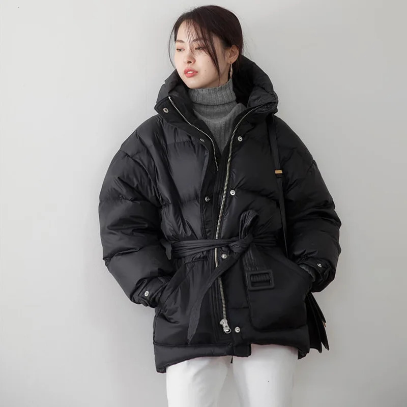 Black Womens Fashion Down Parka Winter Jacket Simple Cuff Windproof Warm Female High Quality Coats With Belt YRF75 251014