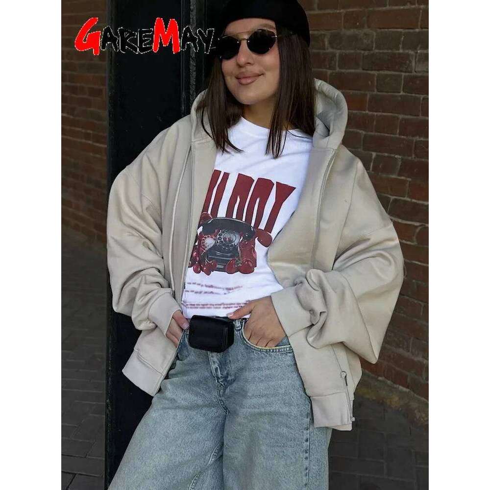 Autumn Women's Hoodie Zipper Oversize Cotton Long Sleeve Vintage Pink Women Jacket Zip Sweatshirt With Hood