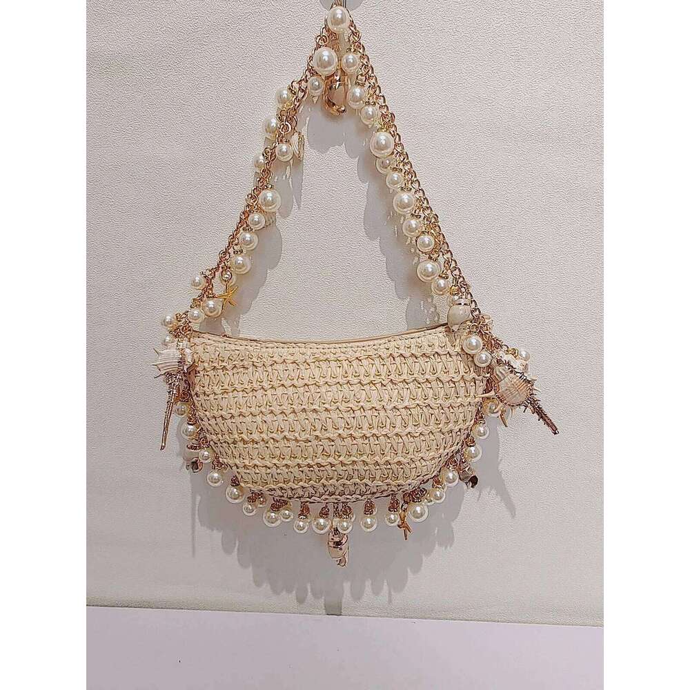 Designer Bags Women Conch Handbag With Pearl Chain Elegant Handwoven Straw Shoulder Breathable Holiday Beach Bag Seaside Soft Pouch Luxury Bag
