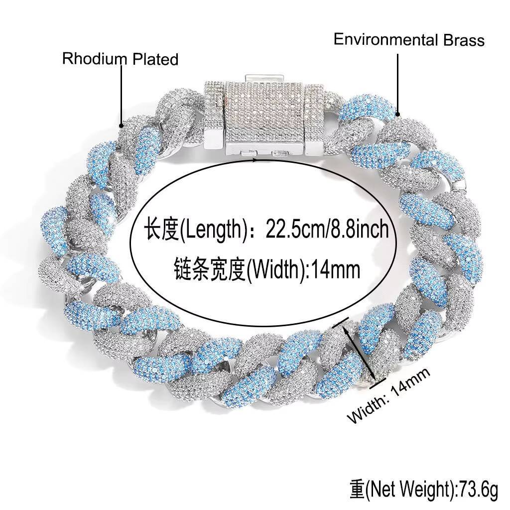 14MM Blue Stylish Streetwear Jewelry Brass Two Tone Iced Out Cuban Link Chain Necklace for Men