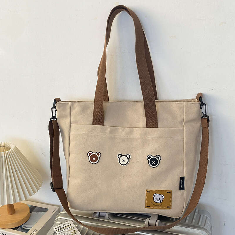 2025 New Printed Canvas Shoulder Large Capacity Casual Tote Bear Crossbody for Women Student Tutoring Bag