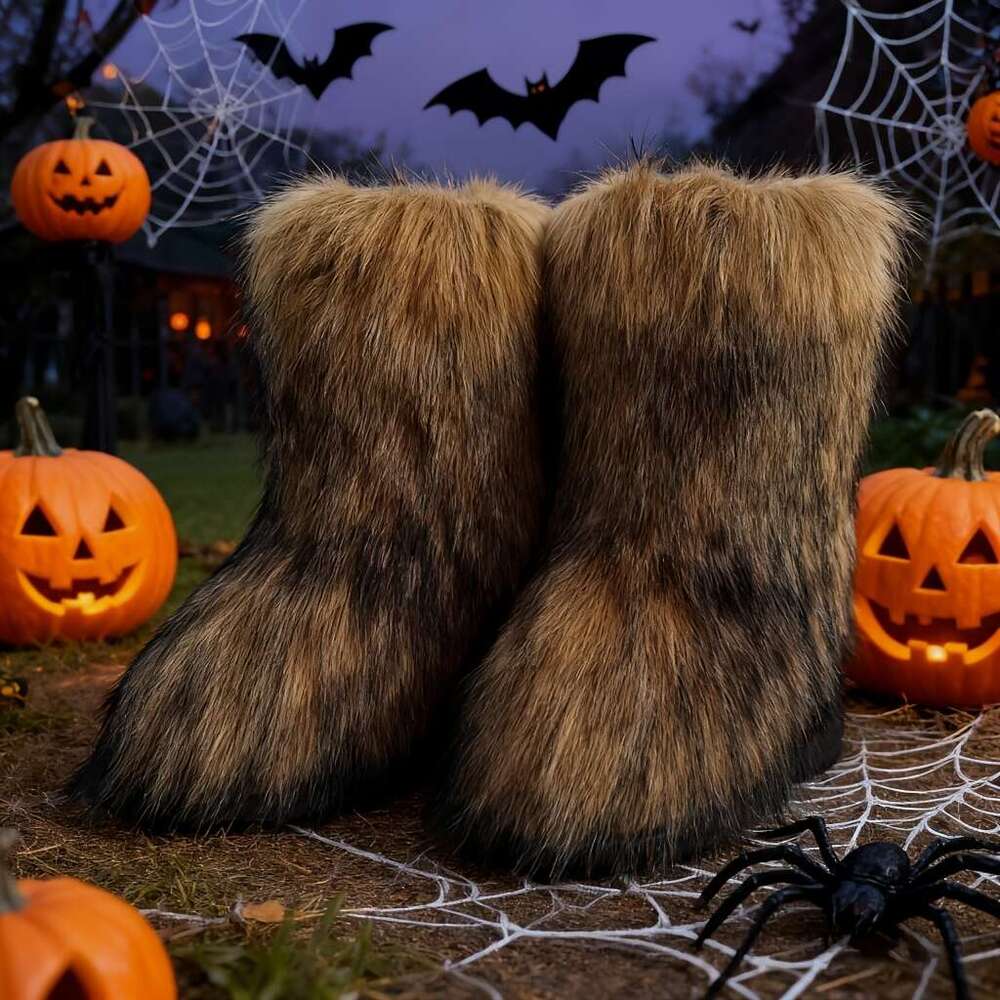 Women's Slip-On With Plush Faux Fur Thick Platform Heel Mid-Calf Warm Round Toe, Dark Gray/Black Cozy Microfiber Insulated Boots Snow Ice, TPR So