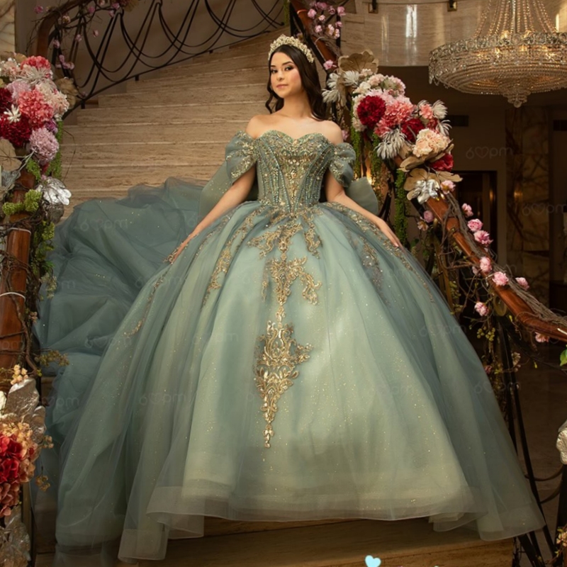 Mint Green Shiny Quinceanera Dresses Off The Shoulder Gold Applique Lace Beads Bow Tull Corset Party Birthday Sweet 16 Dres Vestidos 15 De Anos