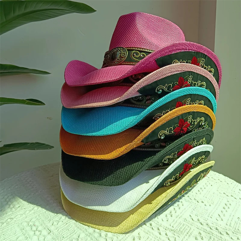 Western cowboy straw hat embroidery applique 2025 cowboy hat men and women sun hat summer brim hat sombrero 251015