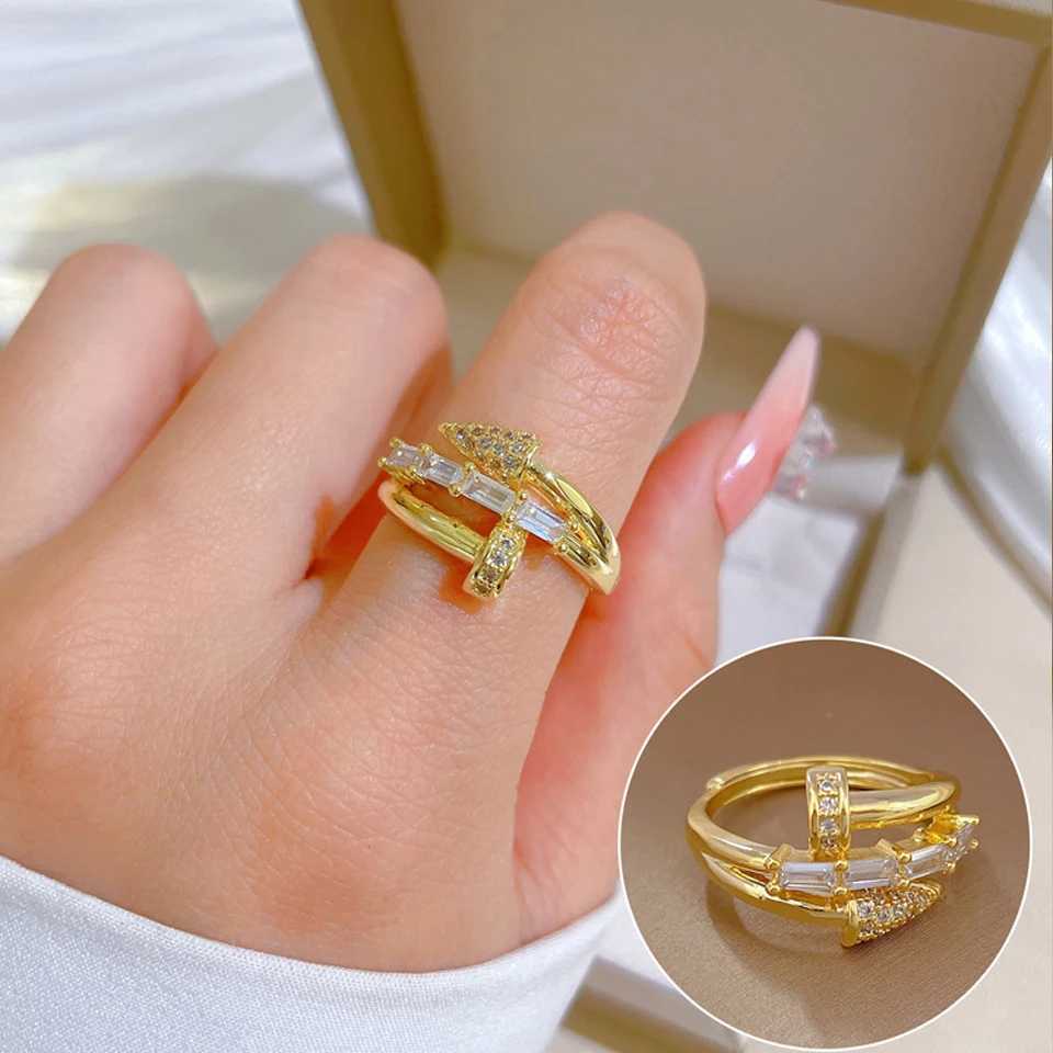 ZAKOL Korean Fashion Threelayer Shiny Zircon Nail Open Ring for Women Engagement Wedding Party Jewelry Gift Z251017