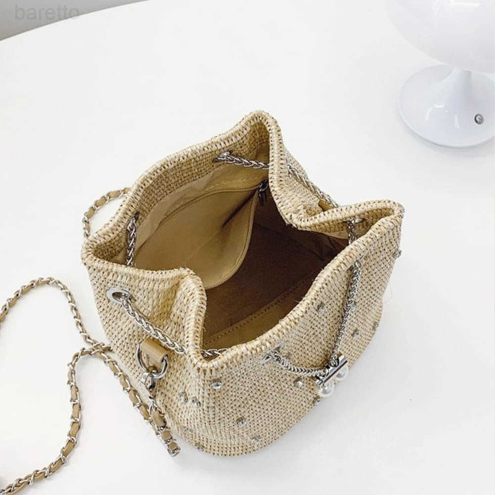 Straw Bucket Purse for Women Summer Vacation Crossbody Purses Beach Bag Beaded Rhinestone Handbag Z251017