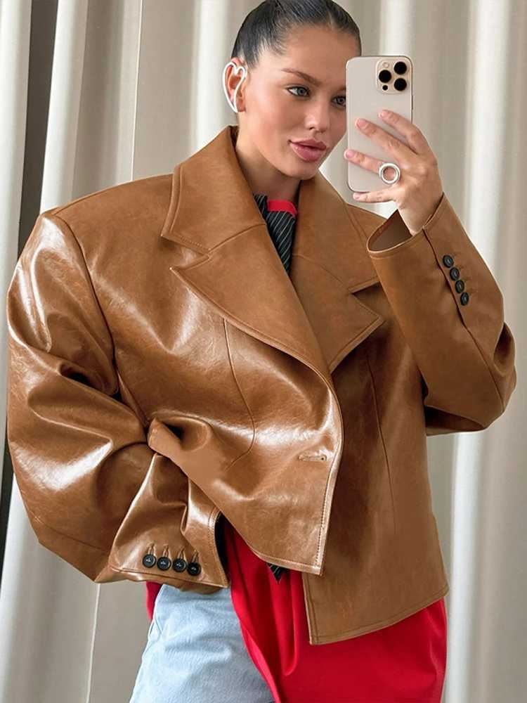 Fashion Pu Leather Women Jacket Long Sleeve Turndown Collar Button Female Coat 2025 Autumn Locomotive Lady Urban StreetwearT251017