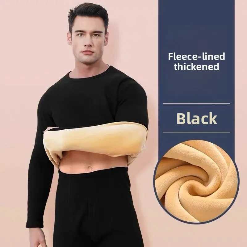 Mens Thermal Underwear Set Fleece Lined Thickened Round Neck Autumn Winter Lamb Velvet Cold Resistant Thermal Clothing H251017