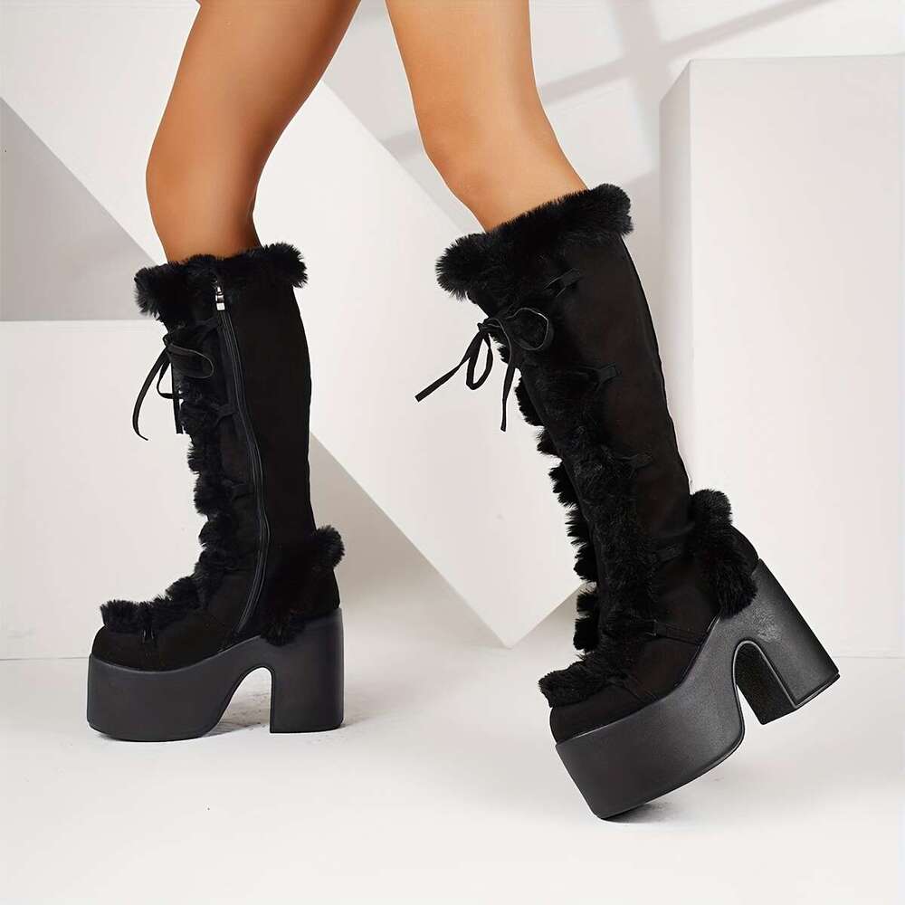 Women's Plush Faux Fur-Front High-Top Snow With Thick Platform Round Toe Gothic-Style Zipper Closure, TPR Sole Lining, Faux-Faux Fur Upper Slip-R