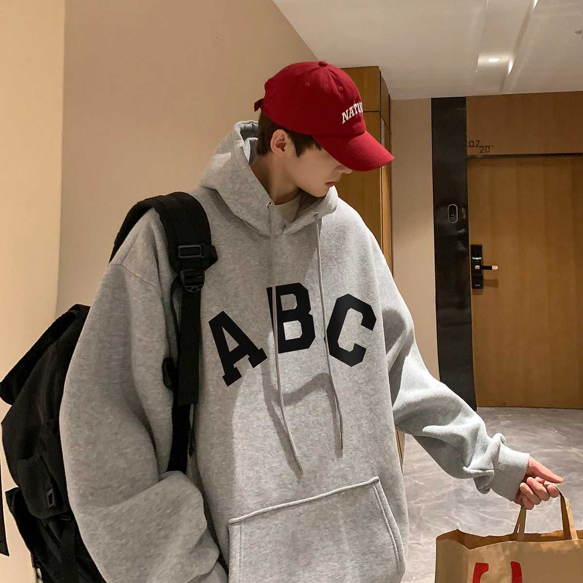 Letter Print Mens Hoodies Korean Fashion Harajuku Oversized Pullover Hip Hop Long Sleeve Hooded Sweatshirts Streetwear Z251017