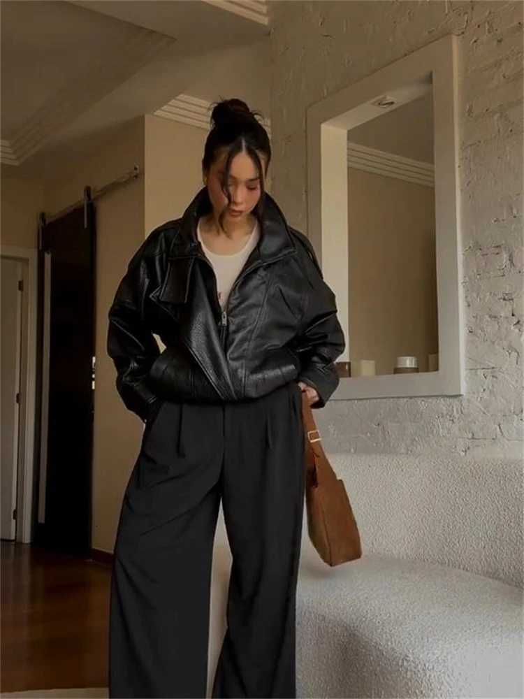Chic Stand Collar Cropped Leather Jacket Coat Oversized Zipup Short Outerwear Autumn High Street Stylish Womens Fashion OutfitT251017