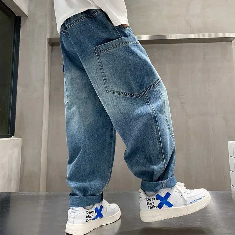 Boys Patchwork Baggy Jeans With Side Pocket Age 514 Year Child Fashion Relaxed Fit Denim Cargo Pants Kids Brief Style TrousersT251017
