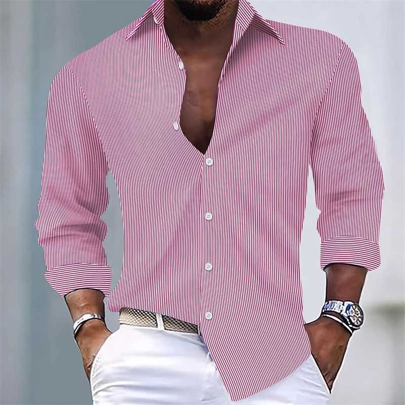 Mens Shirts Summer Shirts Casual Shirts Striped Shirts Button Lapel Black Pink Blue Long SLeeves Holiday Everyday Wear J251017