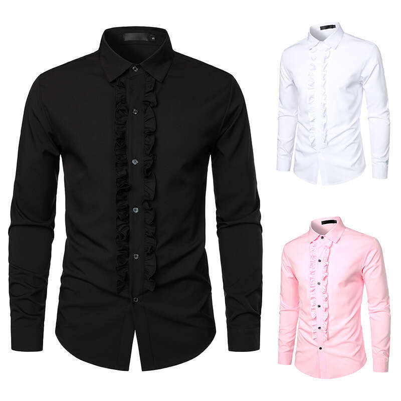 Autumn Winter New Solid Color European Size Men's Wedding Formal Long Sleeve Shirt Performance Costume B5