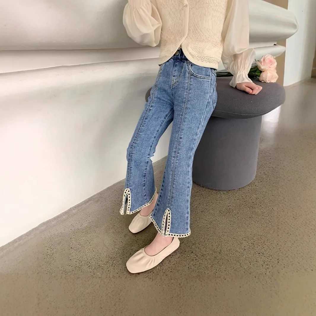 New Arrived Korean Child Flare Jeans with Slits Lace for Girls Little Fragrance Denim Pants Kids Baby Classic Jeans TrousersT251017
