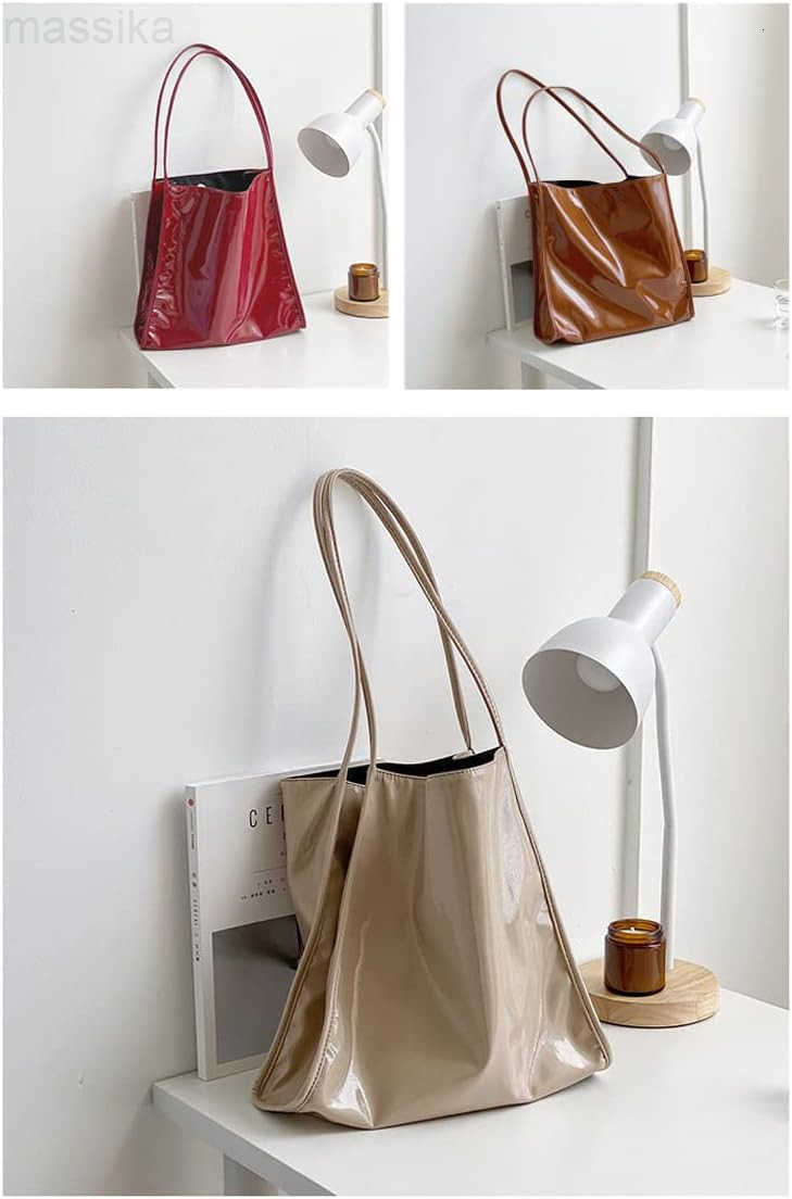 Women Patent Leather Bag Soft Tote Bag Shiny Shoulder Bag Minimal Purse Fashion Handbag M251017