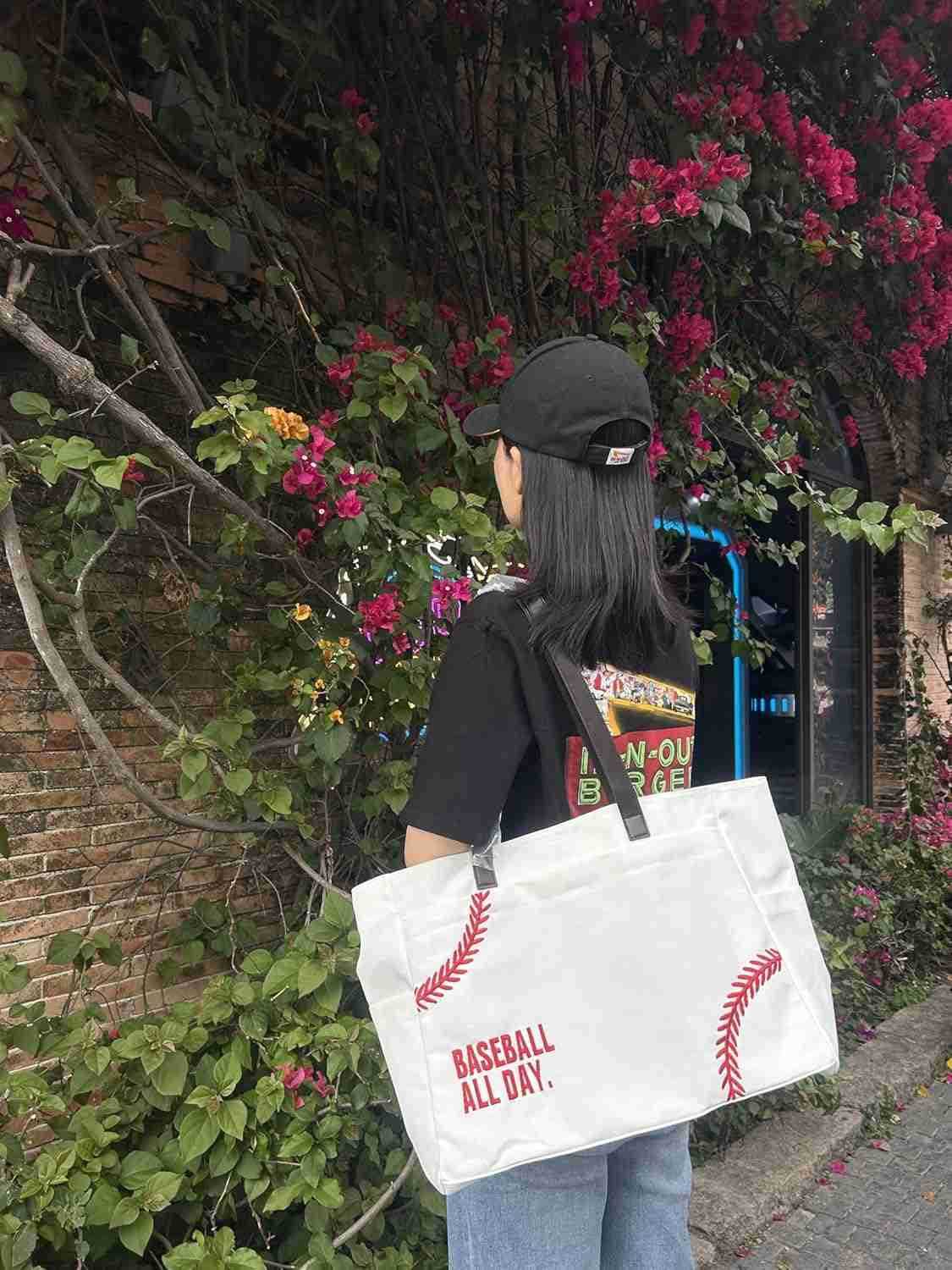 XL Baseball Mom Tote Bags For Women Canvas Utility Purse Handbag with Pockets M251017