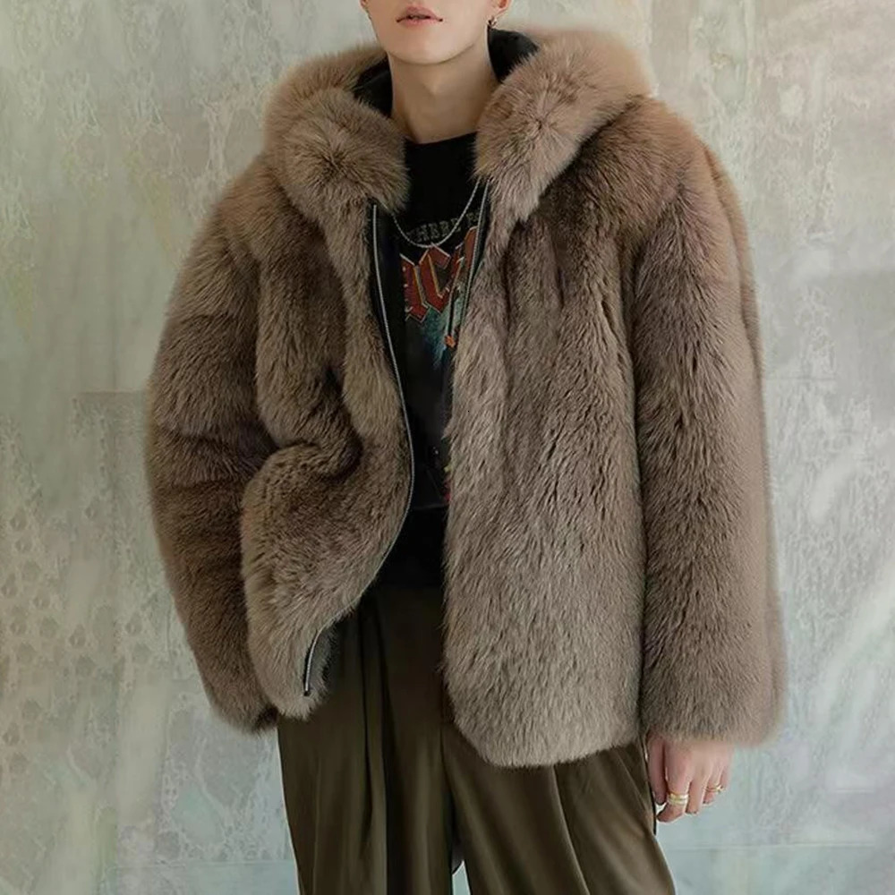 Autumn And Winter In Mens Fox Fur Coat Fashion Thickened Hooded Jacket Trendy Temperament Leisure Warm Street Y2k Jacket Men 251017