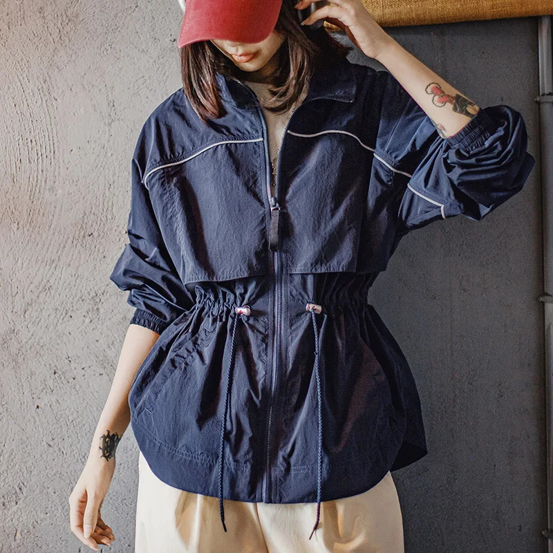 Maden Womens Lightweight Stand Collar Short Windbreaker Jacket Navy Blue Contrast Parka with Waist Cinching for Spring and Fall 251013