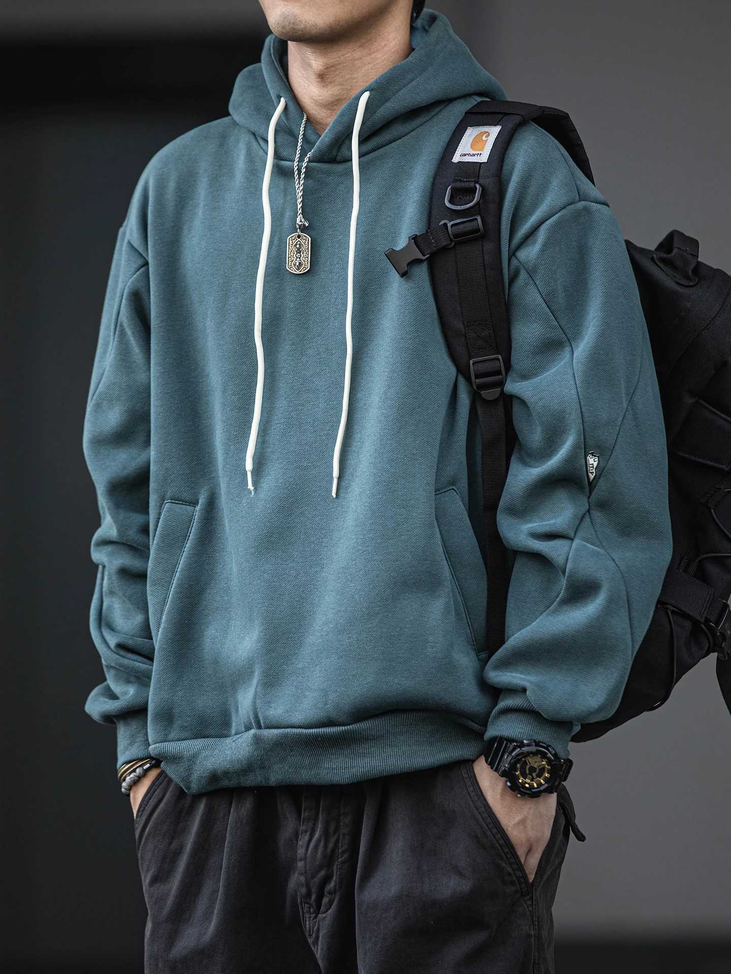 Mens Fall Winter Fleece Hoodie Korean Streetwear Heavyweight Trendy Pullover Sweatshirt Minimalist Solid Color Thermal Insulated Z251017