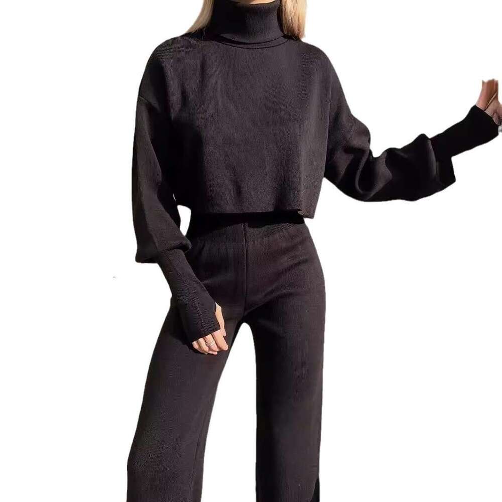 Women's Autumn Winter New Casual American Style Sweatshirt High Neck Loose Sleeve Long Pants Two-Piece Set B5