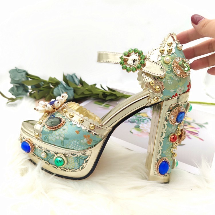 Womens Spring/Summer Diamond Pearl Flower Thick Sole Waterproof Platform High Heel Open Toe Bag Heel Sandals 250228