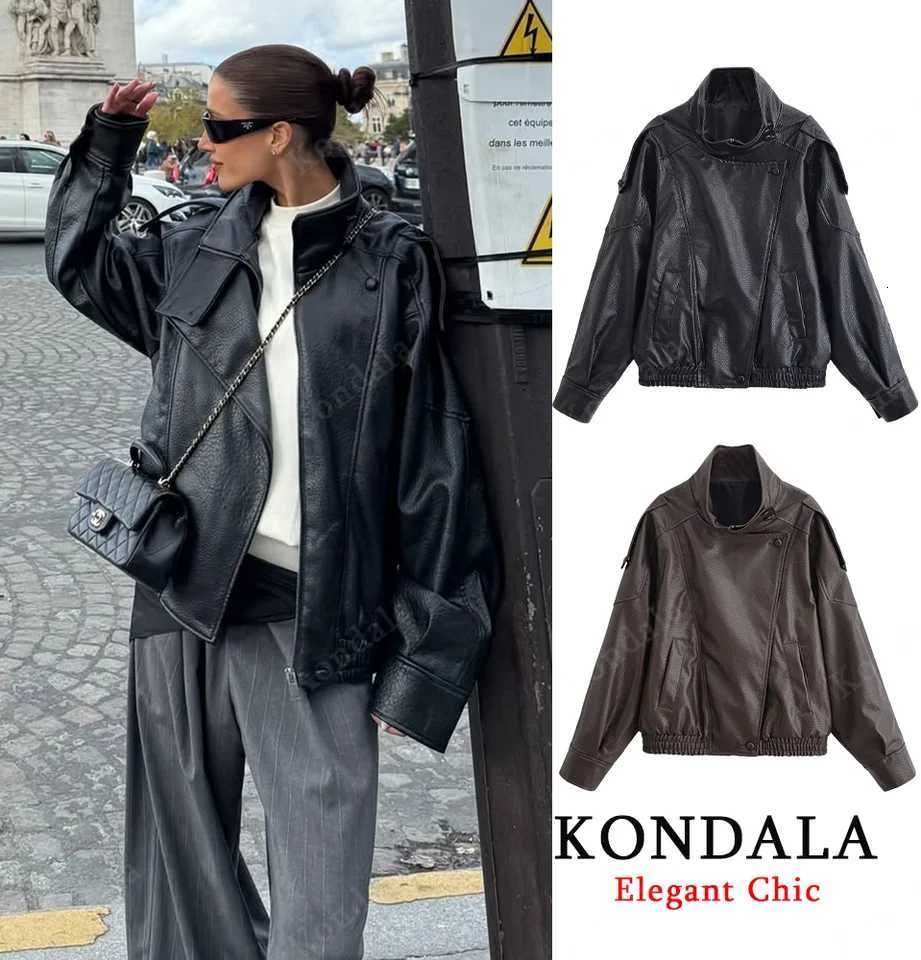 KONDALA Stand Collar Leather Jacket Womens Fall Winter Zipper Faux PU Leather Loose Jacket 2025 Fashion Female Elegant JacketT251017