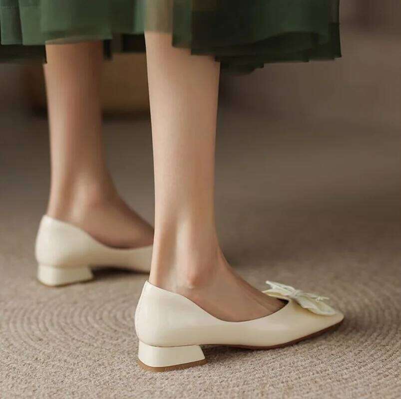 Black Kawaii Ladies Summer Footwear Square Toe Cute Low Heel Elegant with Bow Shoes for Women 2025 Red Y2k on Offer Chic Point