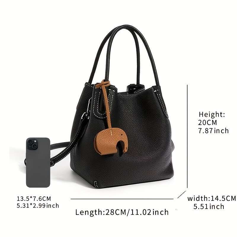 Women's Genuine Leather Top Layer Cowhide Bucket Convertible Handbag Crossbody Bag With Detachable Strap, Elegant Simple Design, Snap Closure, Su