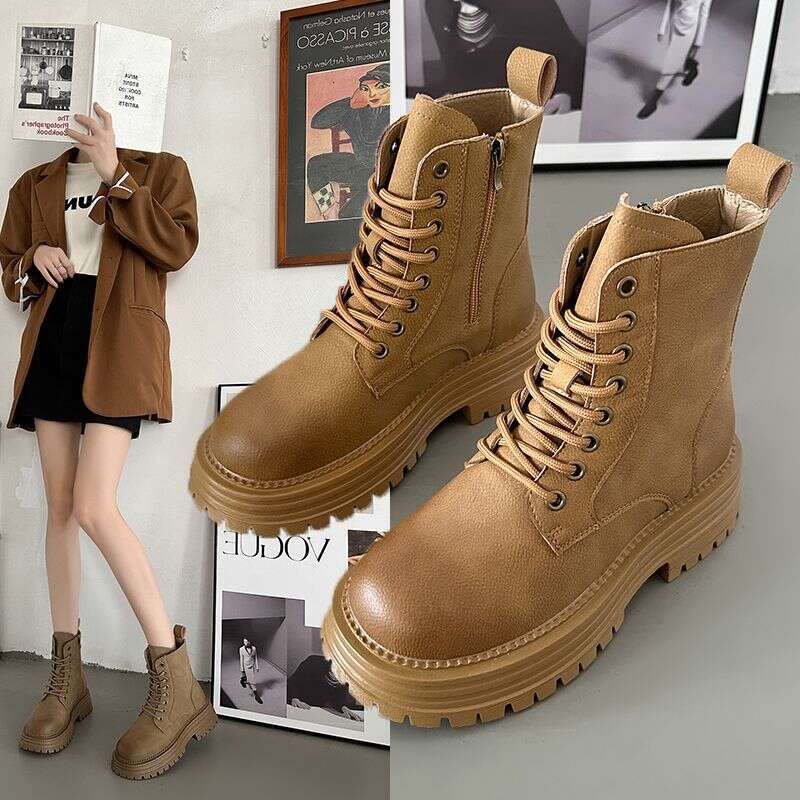 British Style Female Vintage Overalls Ankle Platform Martin Boots
