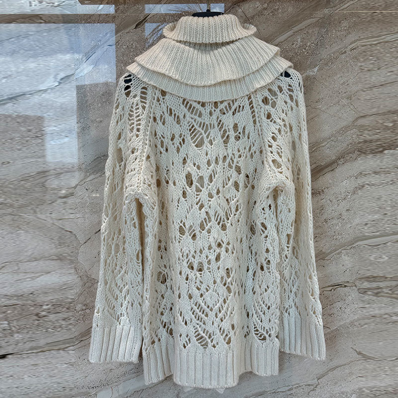 Luxury Women's Ruffle Neck Cashmere Blend Lace Knit Sweater Designer Beige Long Fit Turtle Neck Pullover Paris Fashion Detachable Collar Versatil