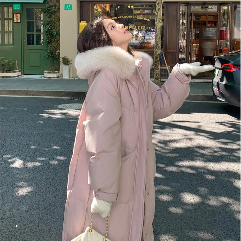 Winter Womens Pink Padded Jacket Female Long Overtheknee Jacket Fur Collar Warm Thicken Cotton Jacket Women Parkas Coats 251017