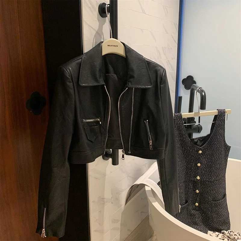 MEXZT Vintage Cropped Pu Leather Jacket Women Streetwear Black Motorcycle Coat Fall Winter Long Sleeve Zipper Chic Outerwear NewT251017