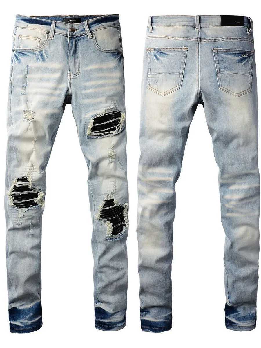 1 High Street Sle Distred Patch Slim Fit Jeans Mens Casual Faionable Straight Leg Long Pants Y251105
