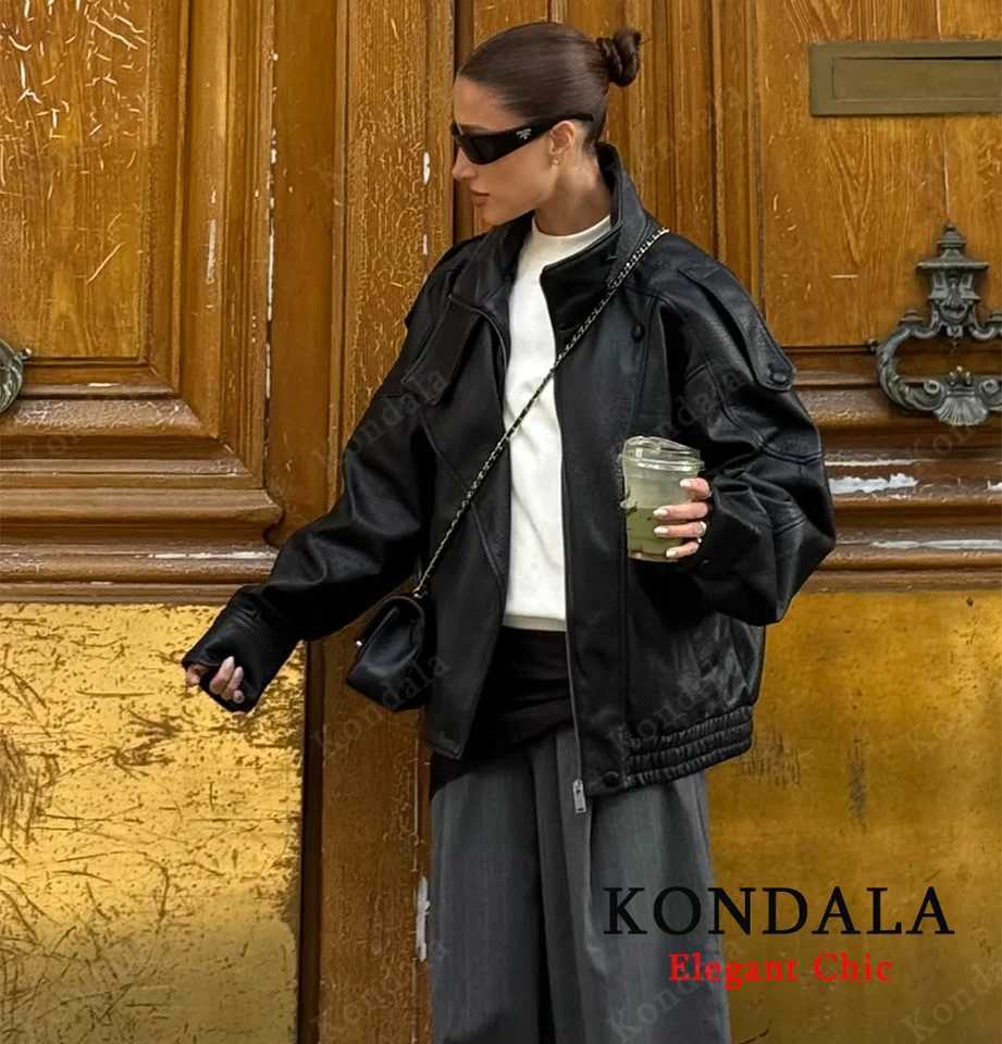 KONDALA Stand Collar Leather Jacket Womens Fall Winter Zipper Faux PU Leather Loose Jacket 2025 Fashion Female Elegant JacketT251017