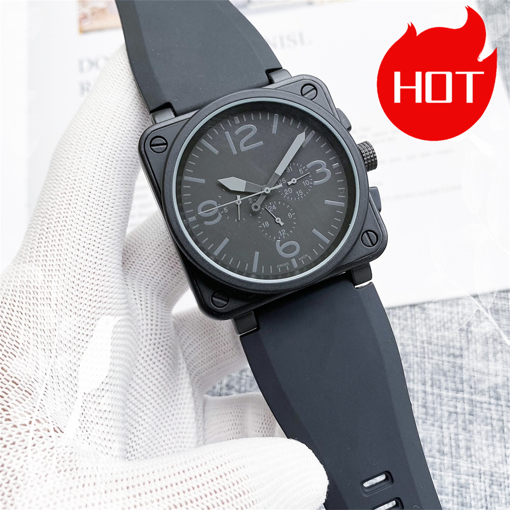 2024 Mens BELLity & ROSSity Wristwatches Men Automatic Mechanical Watch Brown Leather Black Rubber watches Multifunction Six Stitches #334