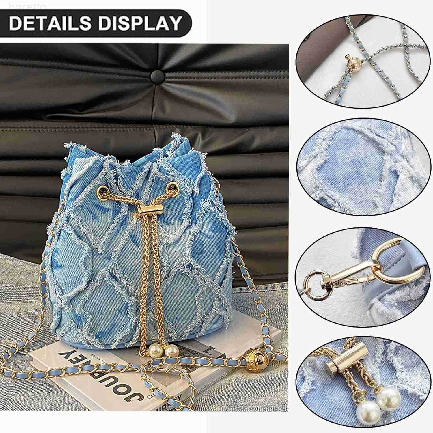 Denim Bucket Bag Quilted Drawstring Shoulder Handbag Jean Crossbody Purses Hobo Handbag with Chain Strap Z251017