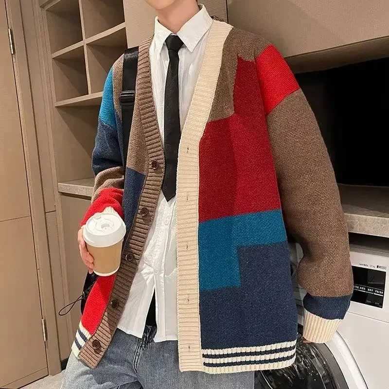 Mens Clothing Jacket Coat Cardigan Red Knit Sweater Male V Neck Splicing Plus Size Winter 2025 Trend Thick Classic New in X Old J251017