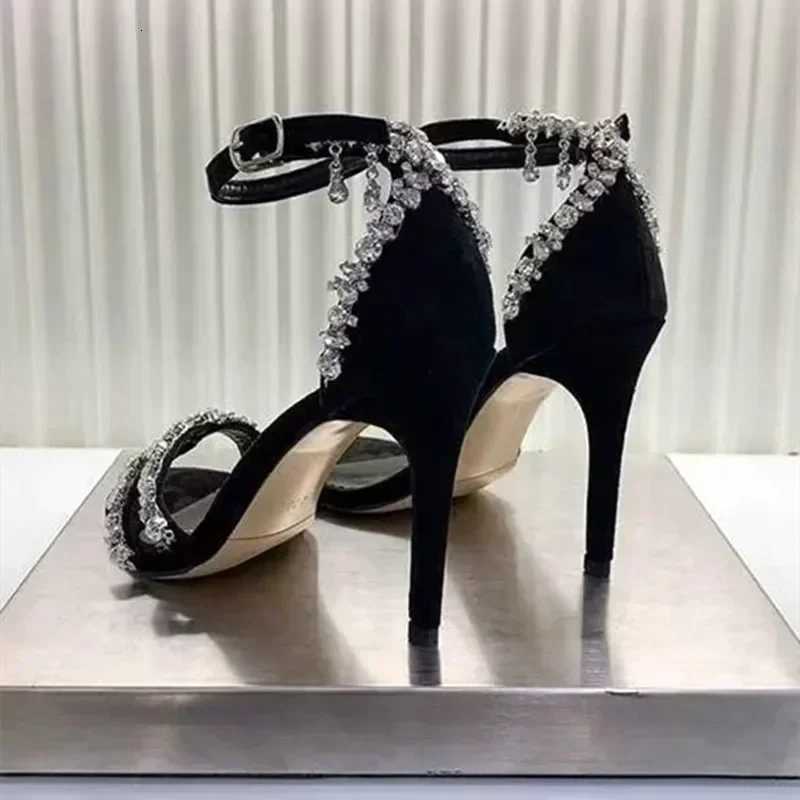 Luxury Design Sandals Women Crystal Chains Decor High Heels Dress Party Shoe Woman Black Ankle Strap Sandalias Femmes Prom Pumps Z251015