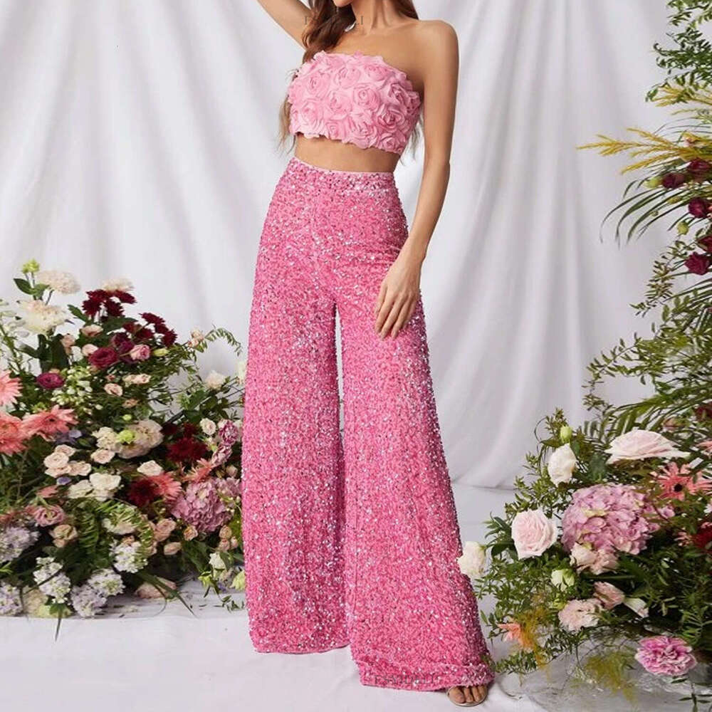 Summer High Waist Slimming Long Women, Solid Color Sequin Fashion Casual Wide Leg Pants For Women B5
