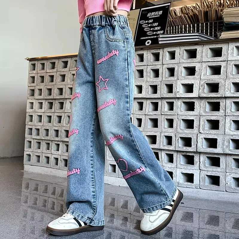 2025 New Elegant Teen Girl Heart And Letter Jeans For Teen Girl Fashion Kids Denim Pants Girls Wide Leg Trousers 5 To 14 YearsT251017