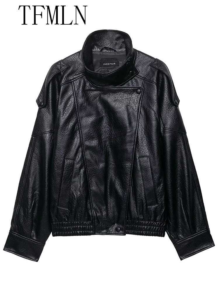 TFMLN 2025 Winter Women Faux Leather Loose Jacket High Street Stand Collar Long Sleeve Coat Fashion Zipper Thicken OutwearT251017