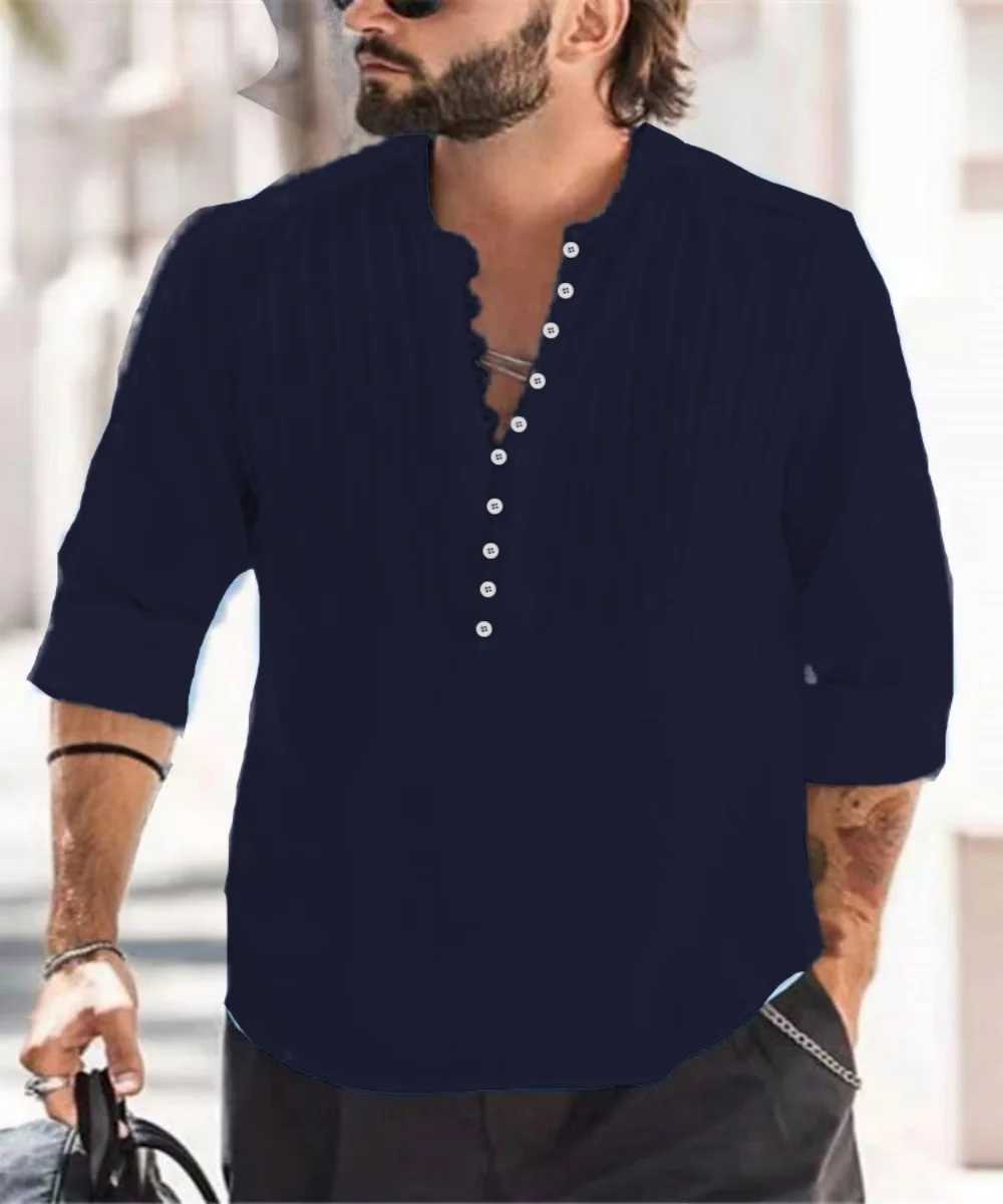 Mens shirt Long Sleeve Spring And Fall AllCotton Pleated Vneck Trend Business Casual Loose Pullover J251017