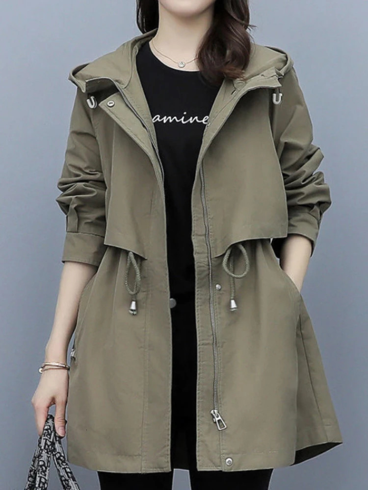 Spring and Autumn Womens Midlength Trench Coat Hooded Zipper Tiein Jackets British Style Loose Coats Womens Clothing 251013