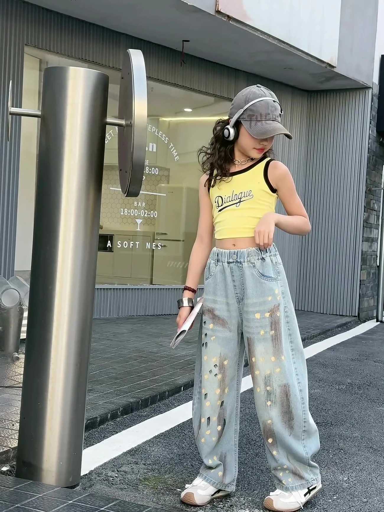 Girls Cartoon Print Stretchy Ripped Jeans High Street Fashion Elastic Waist Denim Pants Age 514YT251017