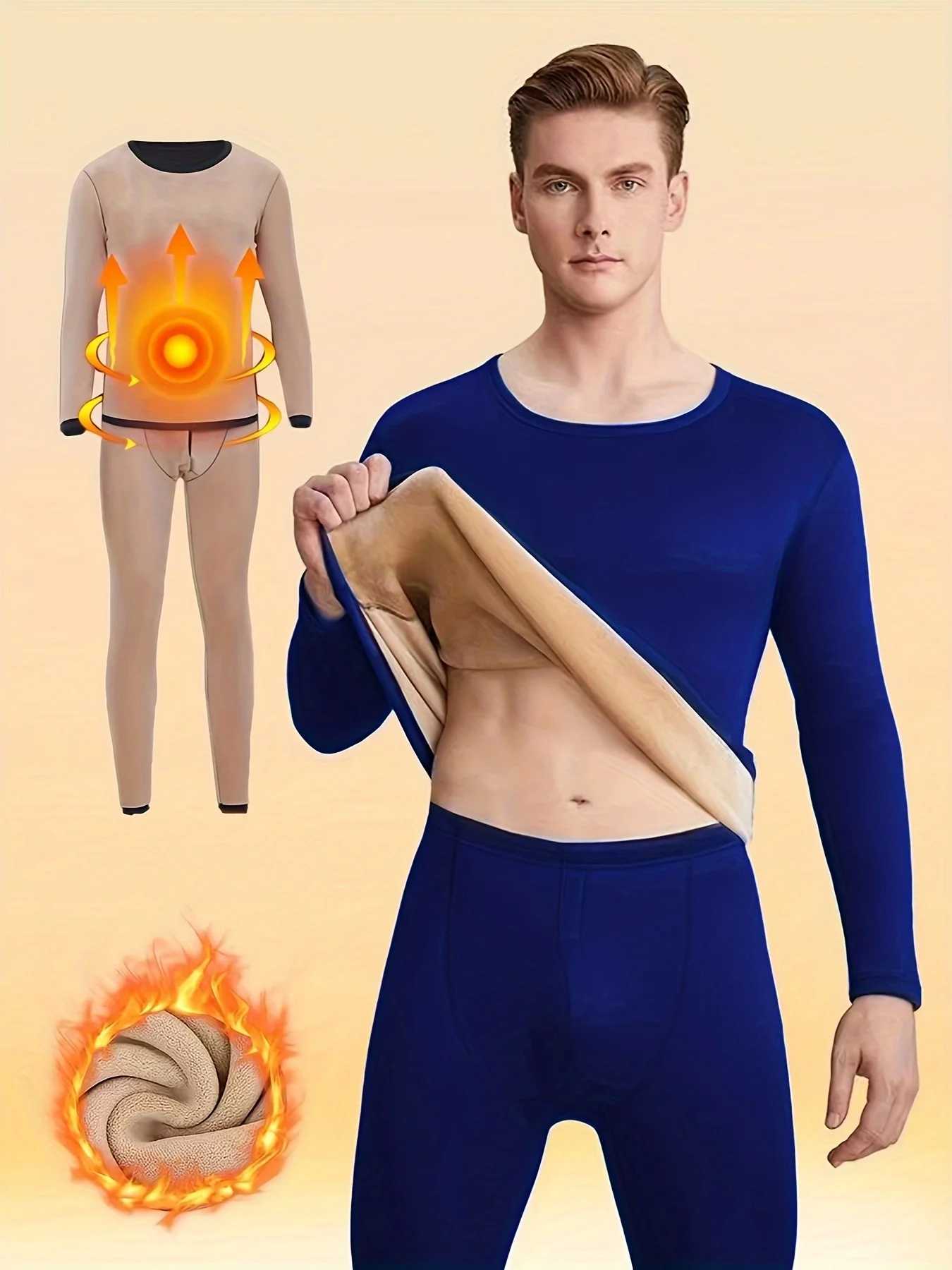 Mens Winter Fleece Lined Thick Warmth Protection Round Neck Solid Color Hoodie and Pants Set H251017