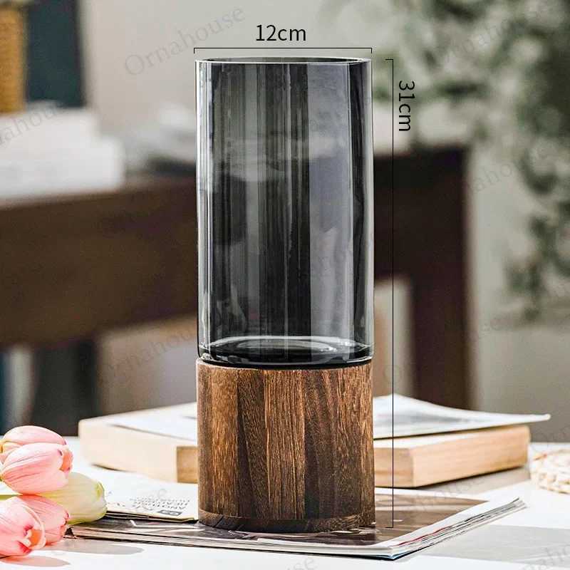 Modern Simple Creative Glass Vase with Wooden Base for WaterGrown Flowers Living Room Dining Table Decorative Flower Arrangemen C251017